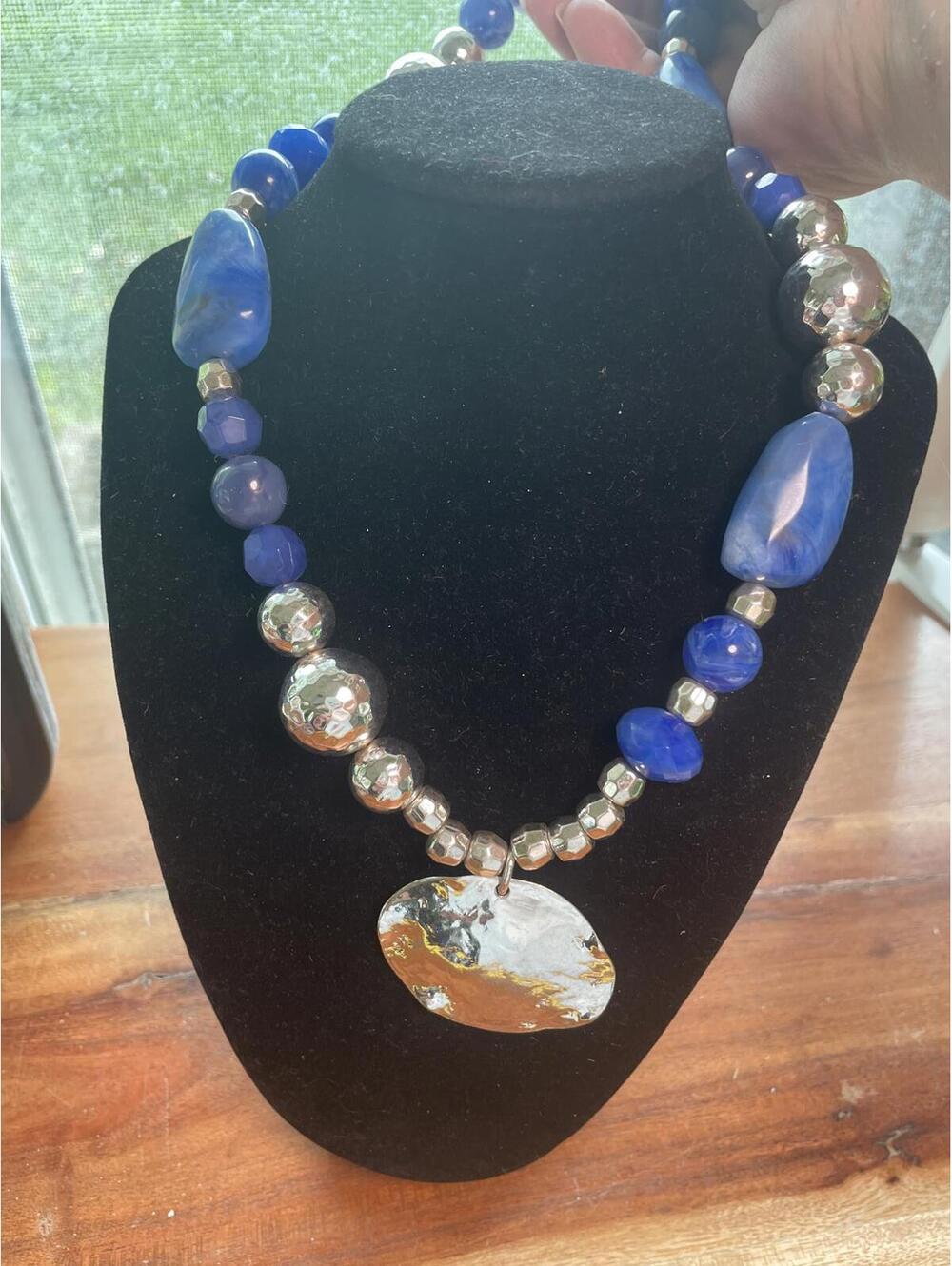 Chico's Blue Bead Pendant Necklace Faux Stone Silver Tone Glass &Acrylic